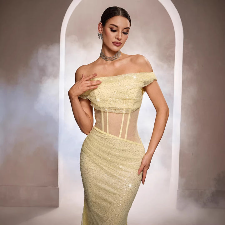 Sleeveless Off-the-shoulder Sequined Mermaid Evening Gown